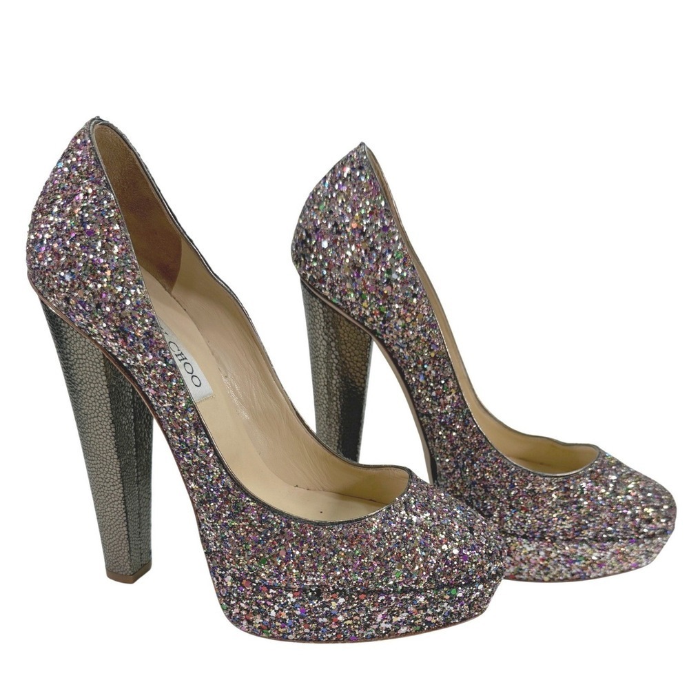 Jimmy Choo Glitter Platform Pumps Multicolor Size 38 US 7 Leather Heels - Picture 5 of 13